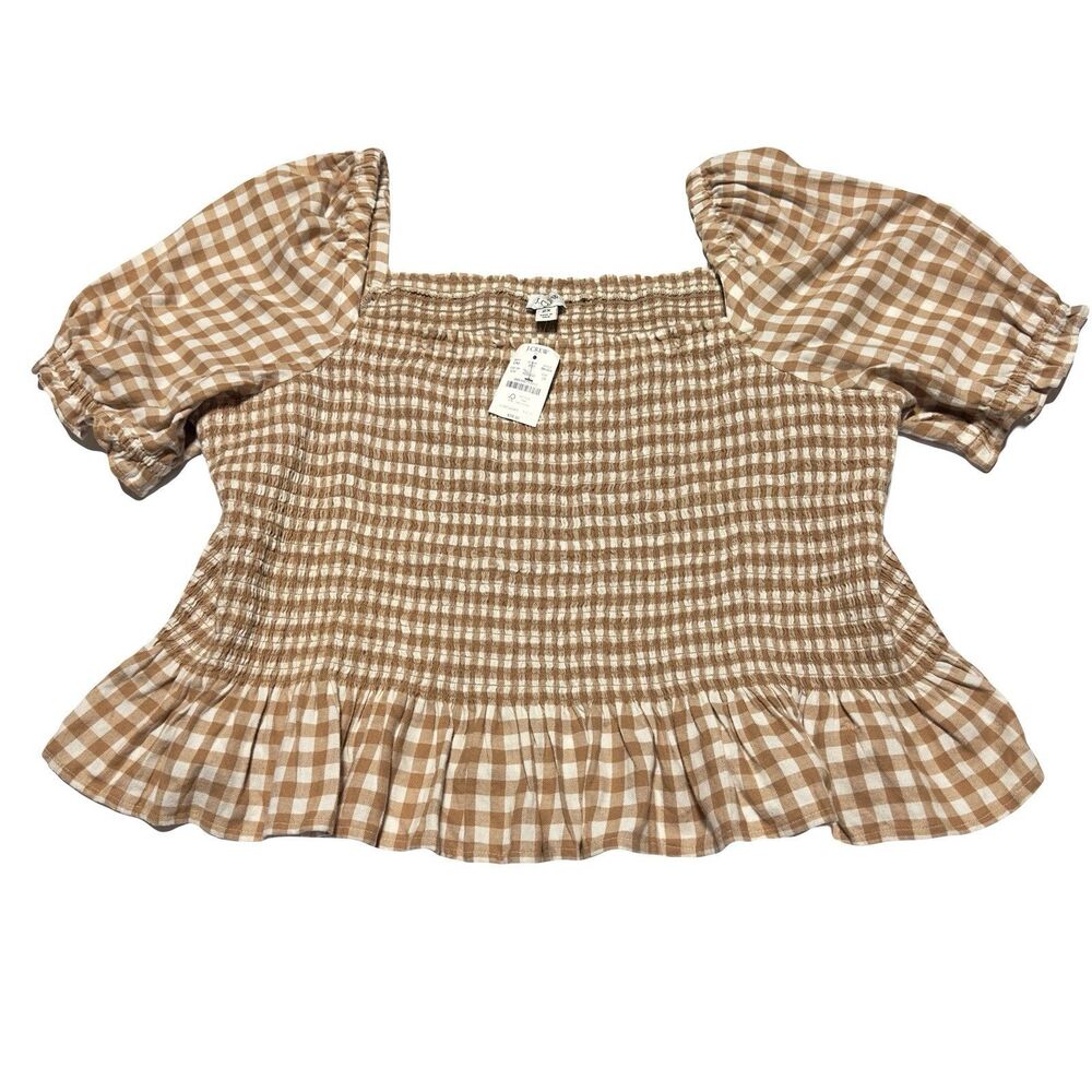 J Crew Gingham Smocked Top Size 2X Milkmaid Prairie Cottagecore Puff Sleeve NWT